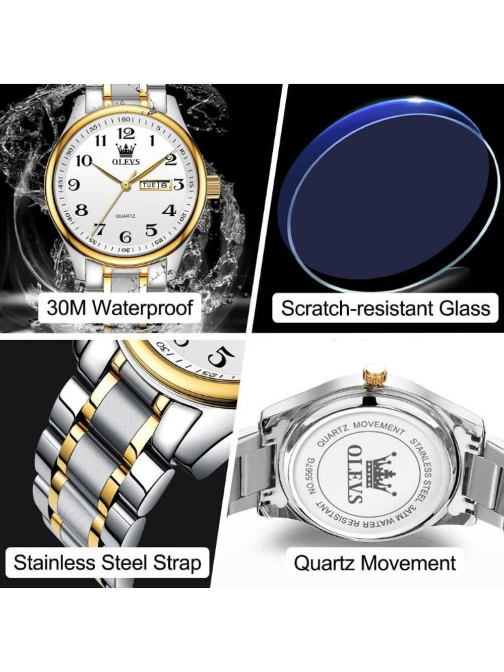 Olevs Mens Silver White Luxury Stainless Steel Gold Analog Quartz Luminous Watch - Picture 4 of 6